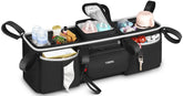 YOREPEK double stroller organizer attached to handlebar for quick access to essentials