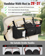 YOREPEK double stroller organizer side pockets detail for bottles and snacks