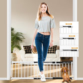 YORWHIN white metal dog gate folded for compact storage after use.
