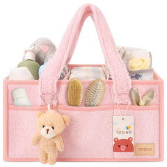 YOSING Diaper Caddy in pink on a changing table for tidy baby essentials.