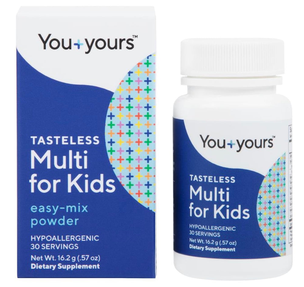 You+yours Tasteless Multivitamin Powder bottle blends into beverages without changing flavor.