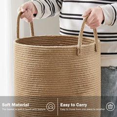 YOUDENOVA jute hamper shows sturdy handles for easy transport of heavy loads