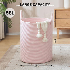 YOUDENOVA tall pink hamper with sturdy handles for carrying laundry upstairs and downstairs.