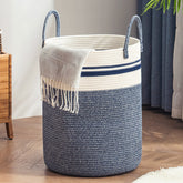 YOUDENOVA woven rope laundry hamper tall blue side view with sturdy handle for easy transport