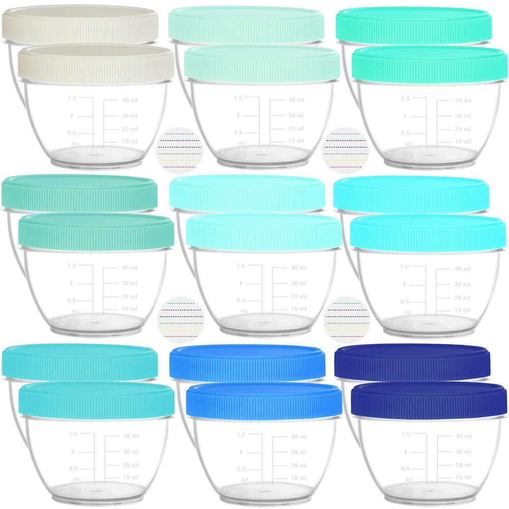 Youngever 2oz baby food containers with colorful lids and labels for easy organization.