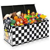 Youyole monster checkered storage box lid open for easy access and tidier shelves.