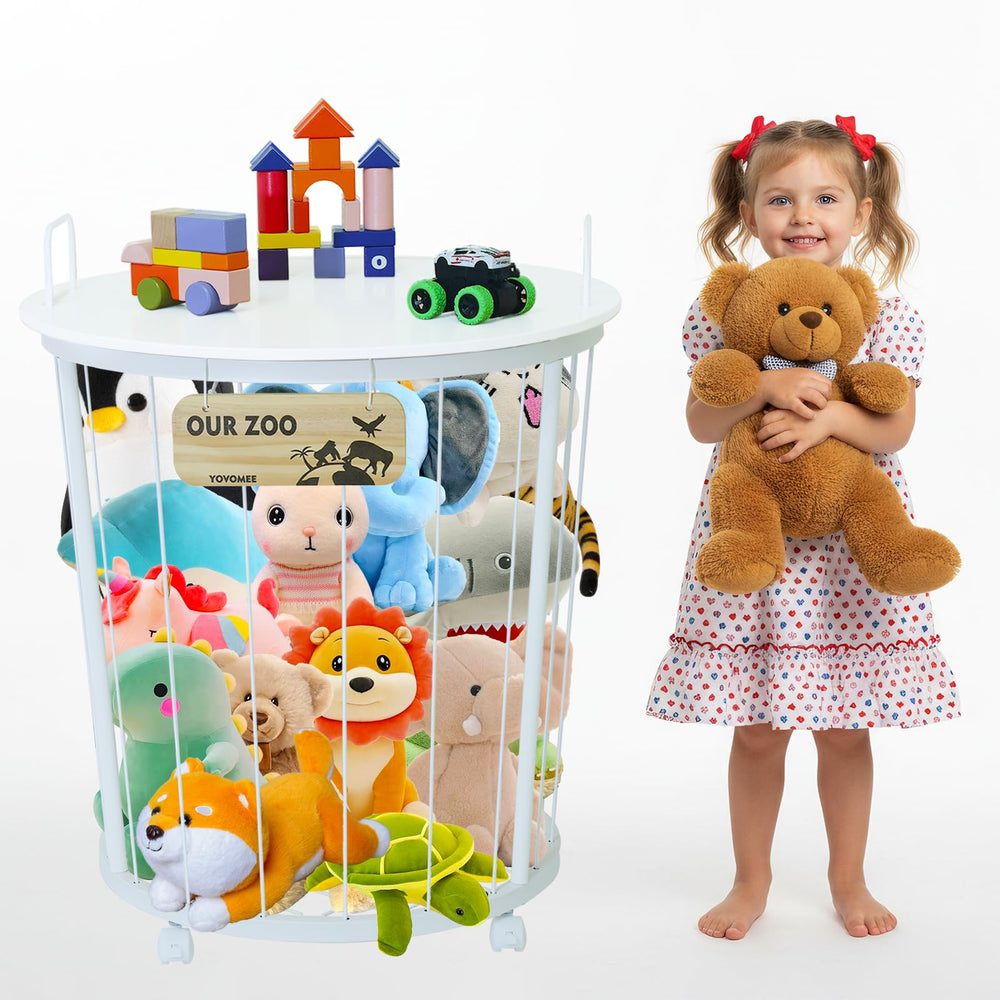 YOVOMEE stuffed animal storage round tabletop highlights easy access to plush toys.