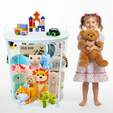 YOVOMEE stuffed animal storage round tabletop highlights easy access to plush toys.