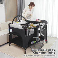 YoYiCuna foldable playard packs into a compact travel bag.