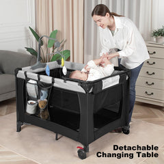 YoYiCuna travel crib folded in its carry bag showcases compact portability.