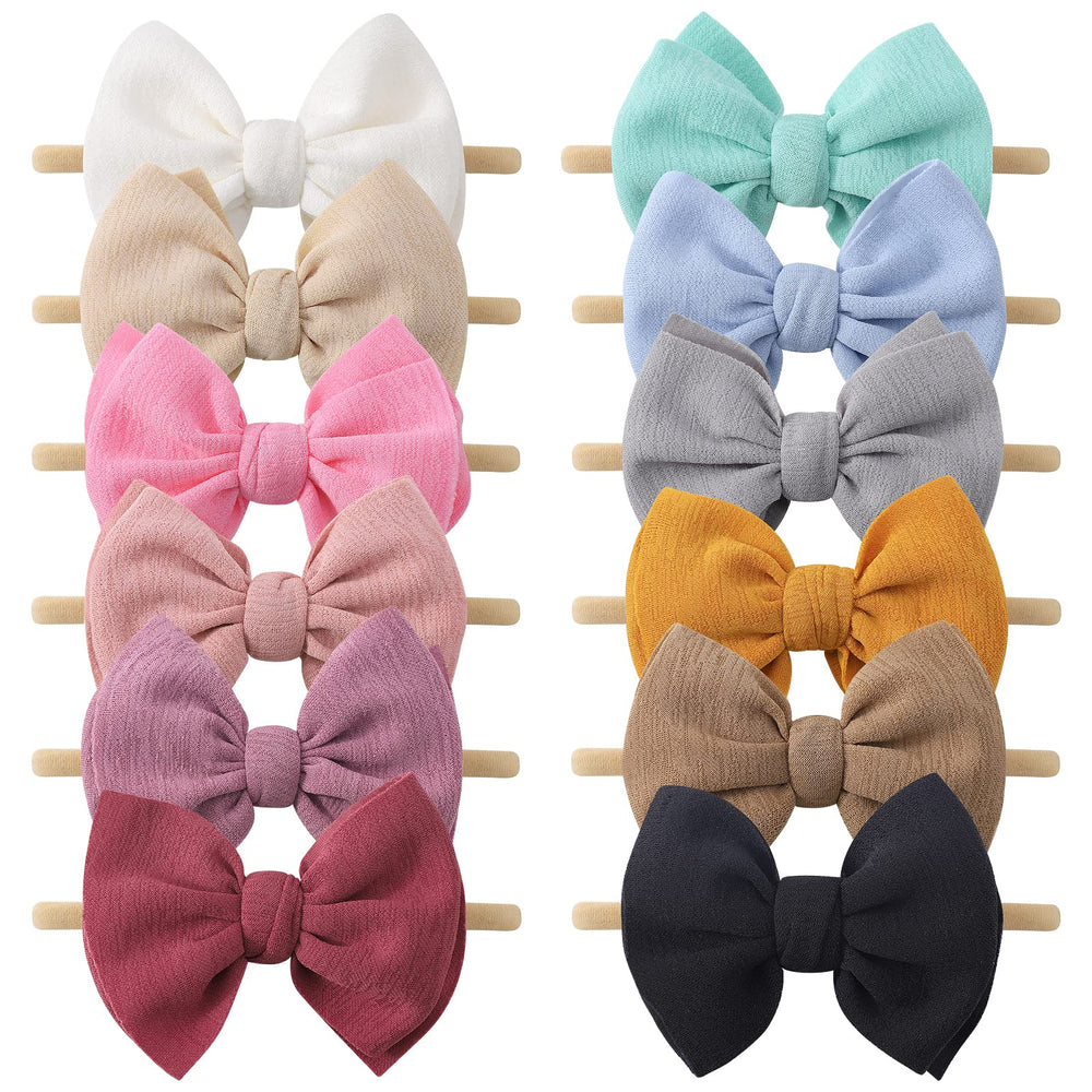 Yoyokid 12-piece bow headbands on a soft nylon band for gentle daily wear.