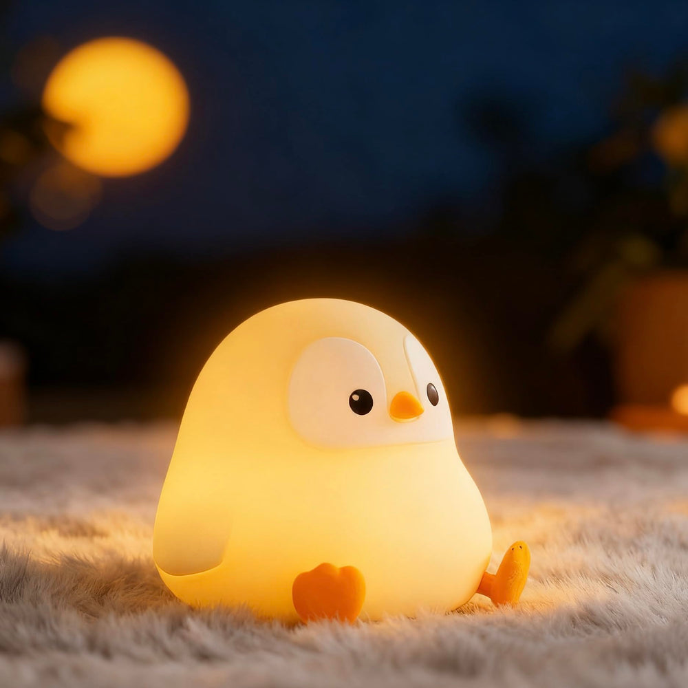 YR YRHH-PET penguin night light on shelf provides soft glow for kids.