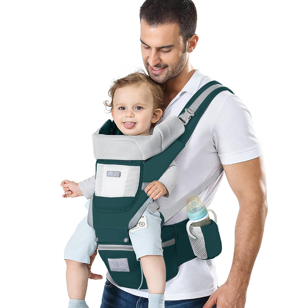 YSSKTC Baby Carrier showing six wearing styles for growing babies.