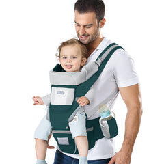 YSSKTC Baby Carrier showing six wearing styles for growing babies.
