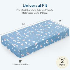Yukkidds crib sheets fit standard 52x28 with 8-inch pockets for a secure fit