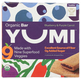 Yumi Bar Bluberry Purple Carrot packaging close-up for on-the-go snacking.