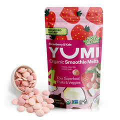 YUMI Smoothie Melts packaging view, organic toddler snack ready for on-the-go.