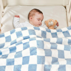 Yurhap checkered baby blanket blue swaddle use highlights gentle snugness for newborns.