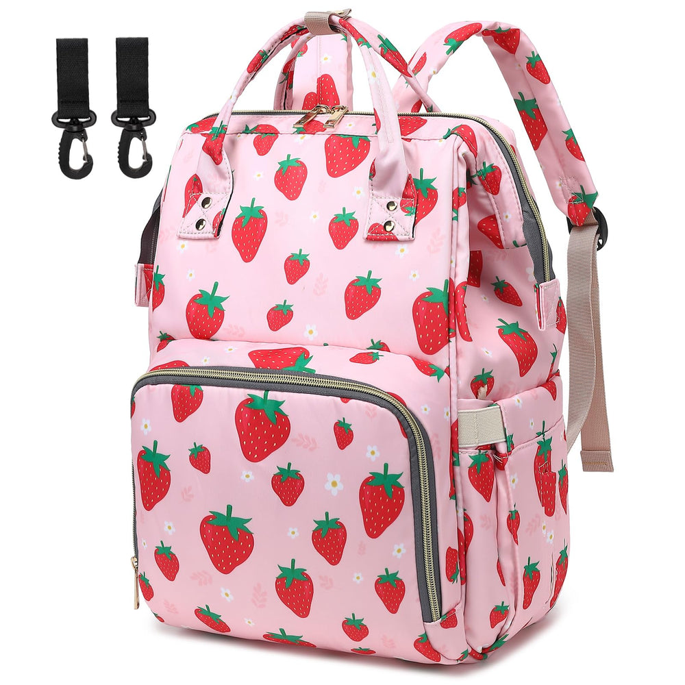 Yusudan Strawberry diaper bag backpack, front view, roomy space for baby essentials