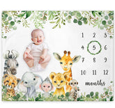 Yuzioey safari animals milestone blanket used as baby photo backdrop for growth tracking.