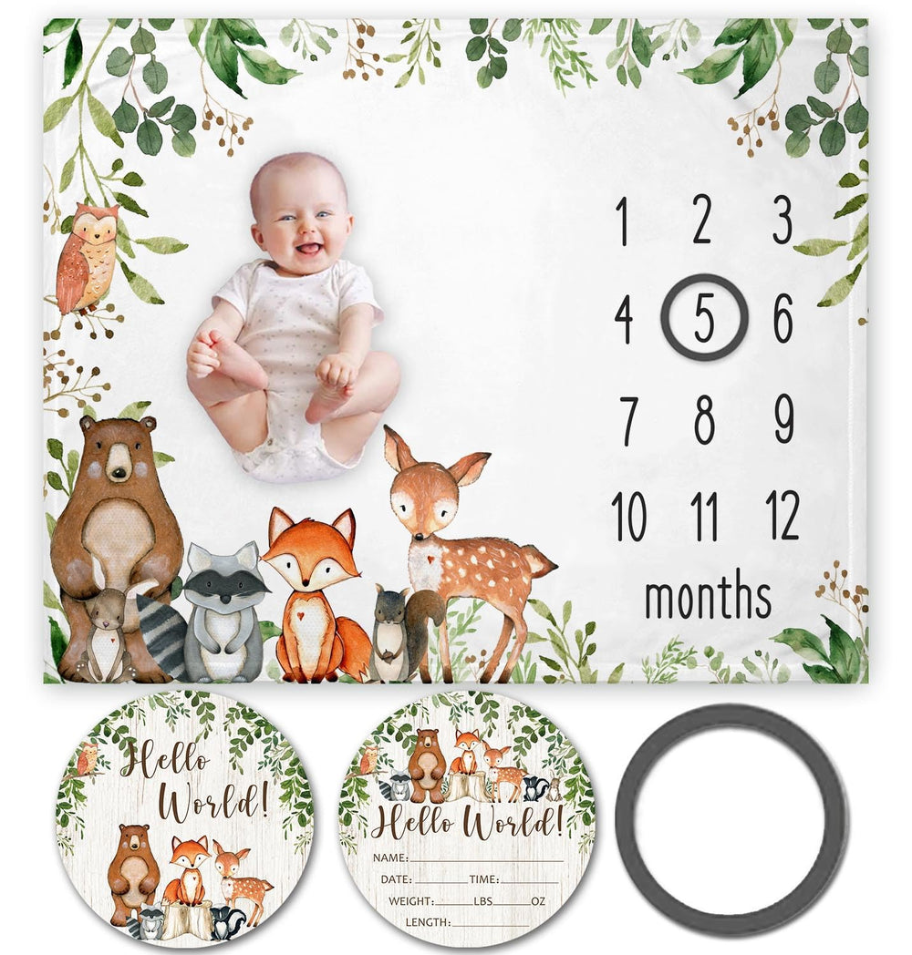 Yuzioey Woodland Animals milestone blanket provides a cozy forest backdrop for baby photos