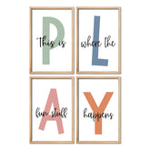 YWJKWLGS four-piece playroom art arranged for a lively kid-friendly wall display.