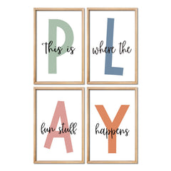 YWJKWLGS four-piece playroom art arranged for a lively kid-friendly wall display.