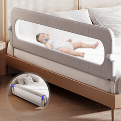 YYAMEA baby bed rail folds down with curved design for easy access and safety.