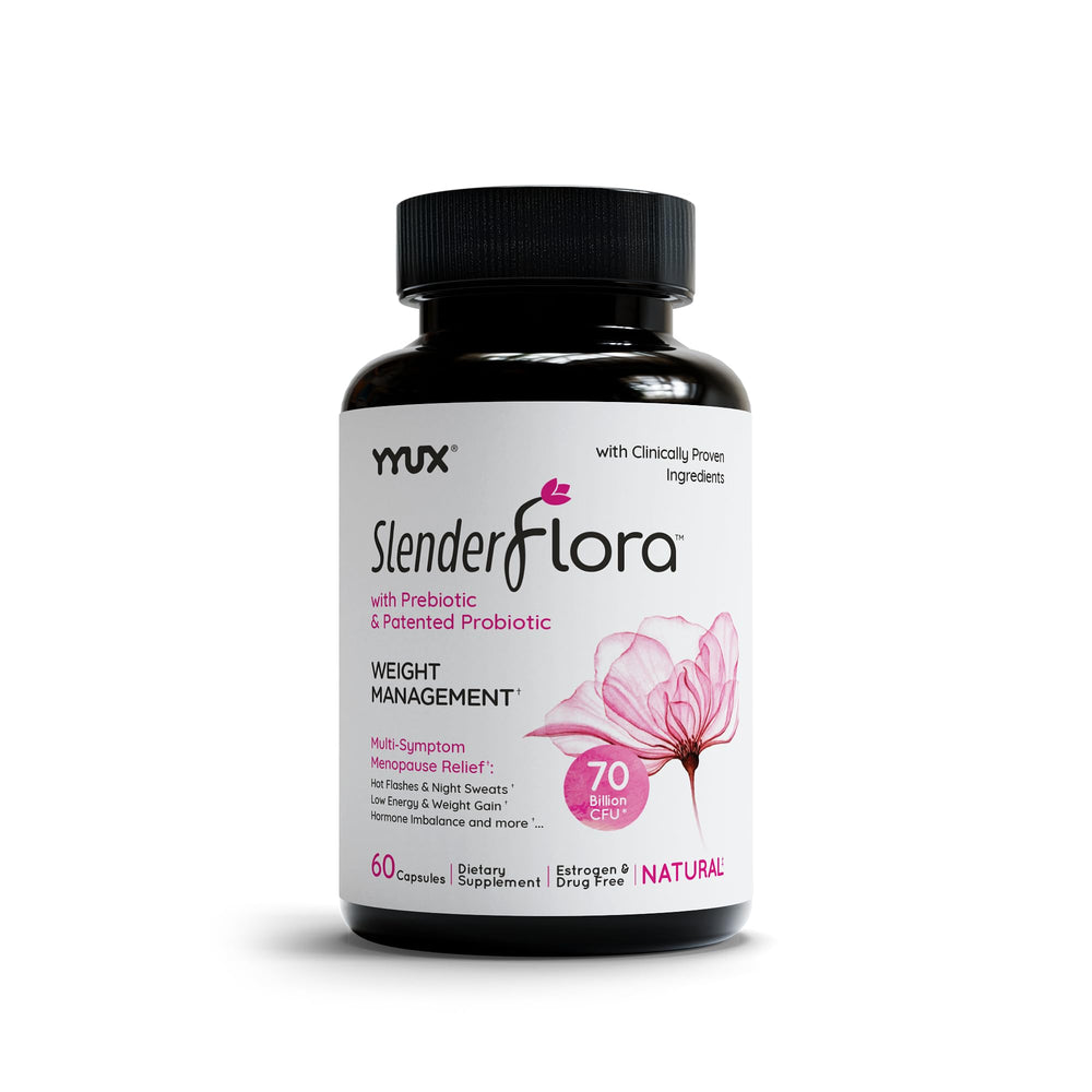 YYUX SlenderFlora bottle on table ready for daily menopause wellness.