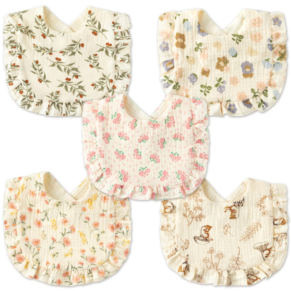 Zainpe 5Pcs snap muslin bibs pink rose pattern for drool management.