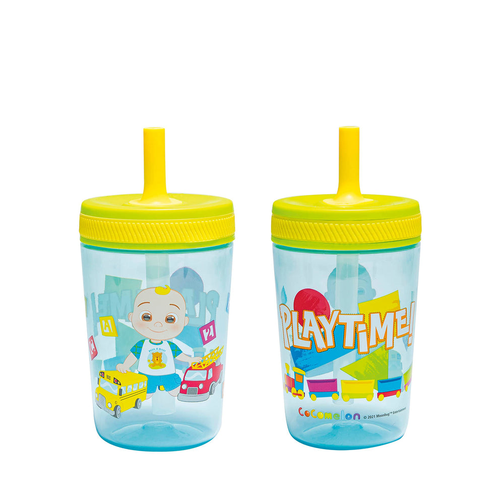 Zak Designs Cocomelon Kelso tumbler 2-pack, top view, kid-friendly drinkware for on-the-go hydration.