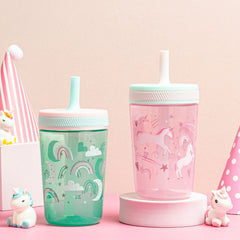 Zak Designs Kelso happy-skies cup in a car-ready, mess-free sipping setup.