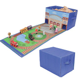 Zany Trains train storage bin with play mat cover for easy cleanup after play