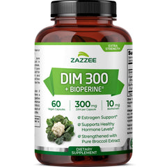 Zazzee DIM 300mg bottle displayed for daily hormone support.