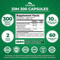 Close-up of Zazzee DIM 300mg capsules highlighting high strength DIM with BioPerine.
