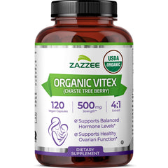 Zazzee Vitex 500 mg bottle with USDA Organic certification and pure quality.