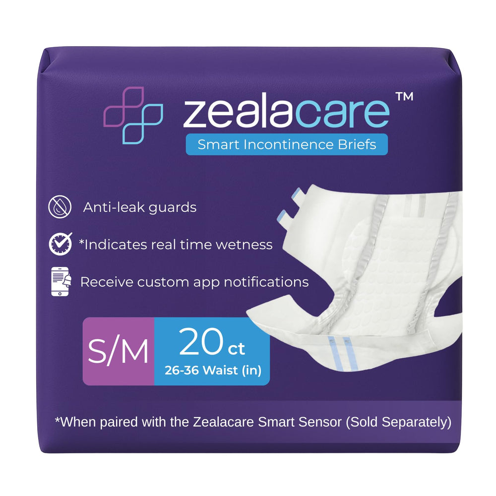 Zealacare Smart Incontinence Briefs packaging shown for discreet privacy at home or care settings.