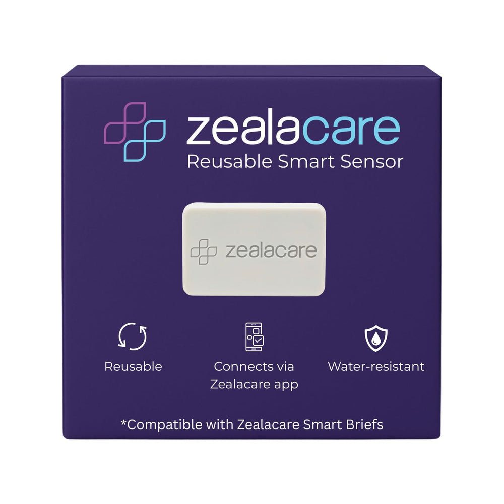 Zealacare smart sensor attached to a disposable brief for real-time moisture alerts.