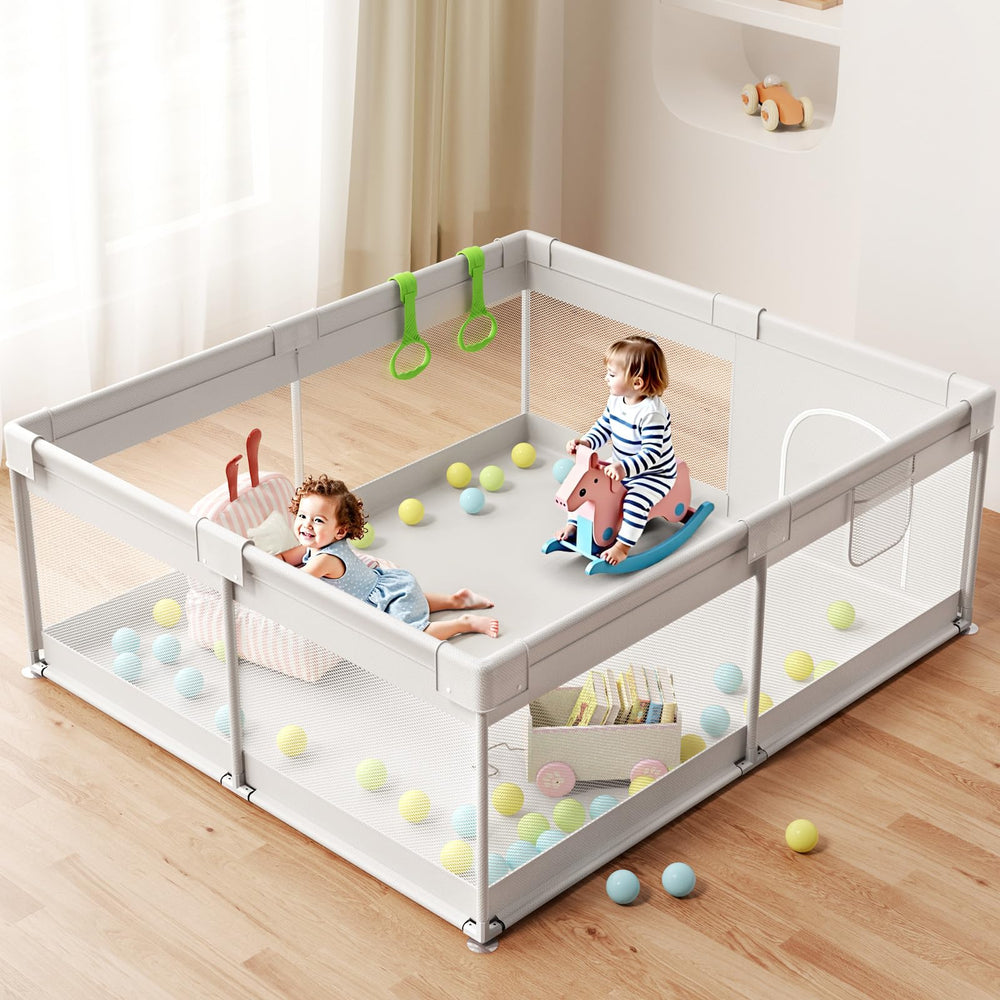 ZEEBABA Extra Large Playpen gray gate offers secure entry for easy supervision.