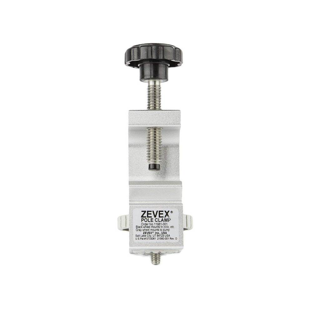 Zevex Infinity Pole Clamp product image showing versatile mounting on a bed rail.