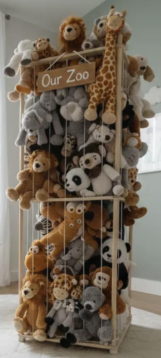 Zevona Plush Zoo Tower side view showing tall pine storage for toys.