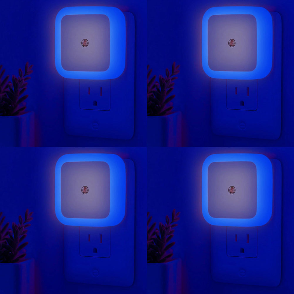 ZEZHOU 4-pack blue plug-in night lights glow softly, guiding steps at night.