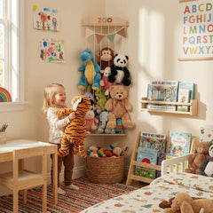 ZICOTO zoo-themed wall hanger keeps plush toys accessible in a nursery.