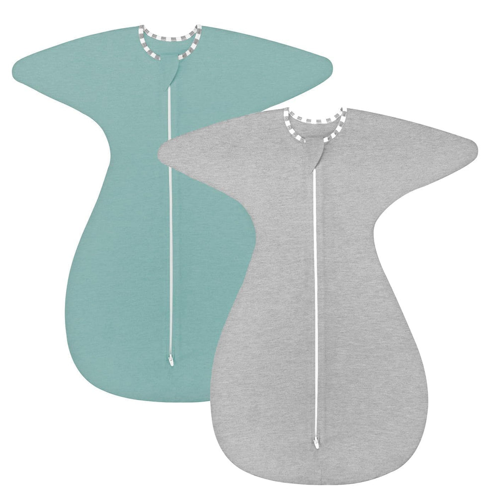 ZIGJOY Shark-Fin Swaddle in green-gray provides breathable comfort for safe daytime naps.