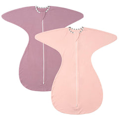 ZIGJOY Shark-Fin Transition Swaddle arms-up two-piece set in pink and purple for secure comfort.