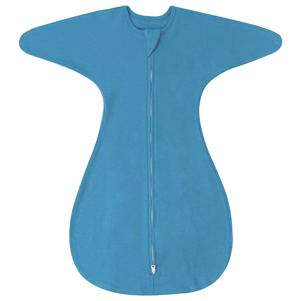 ZIGJOY Shark-Fin transition swaddle blue front view for cozy all-season sleep.