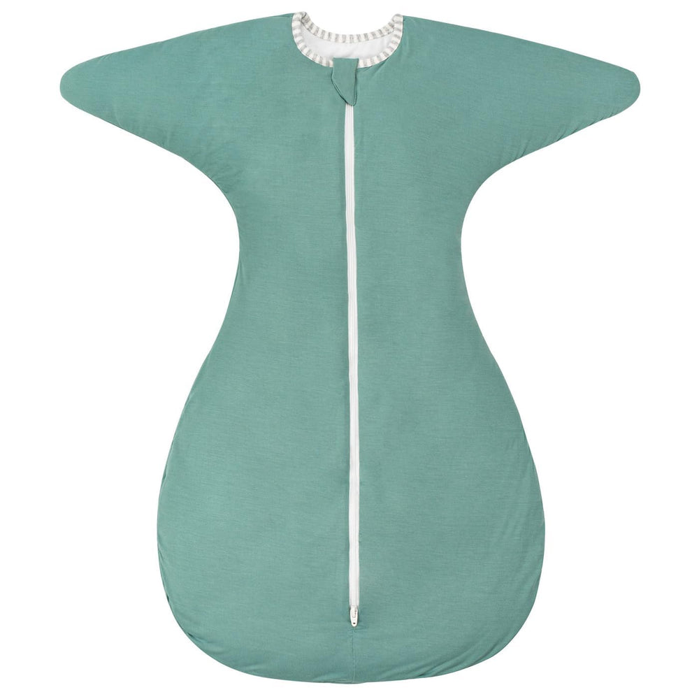 ZIGJOY Shark-Fin transitional swaddle in mint green highlighting bamboo outer fabric for cozy nights