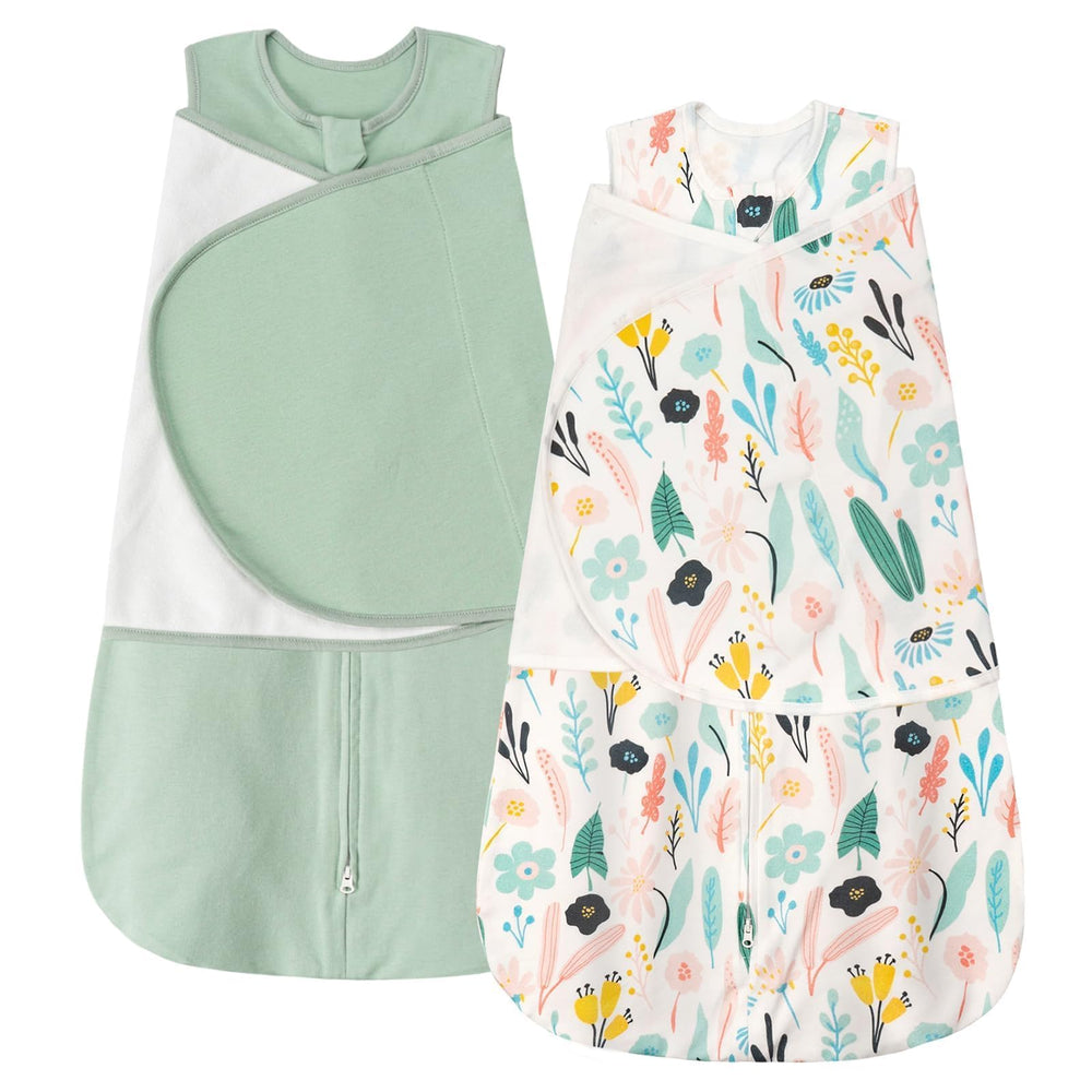 ZIGJOY Sleep Sack Swaddle in green tropical rainforest design, breathable cotton comfort for newborns.
