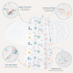 ZIGJOY Sleep Sack Swaddle Ocean side view highlights quiet, secure swaddling for restful nights.