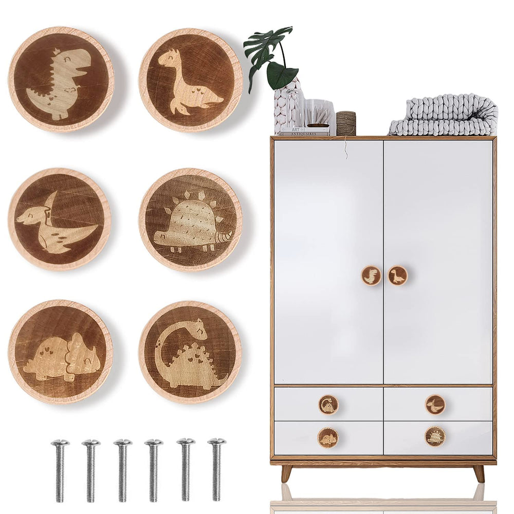 Ziyue dinosaur knob collection: six-pack, natural wood finish for nursery drawers.
